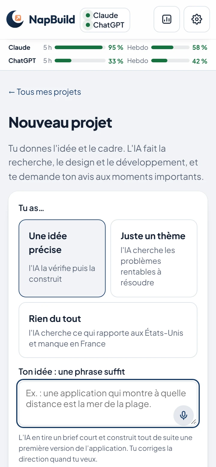 Nouveau projet : une idée précise, juste un thème, ou rien du tout ; « Ton idée : une phrase suffit ».