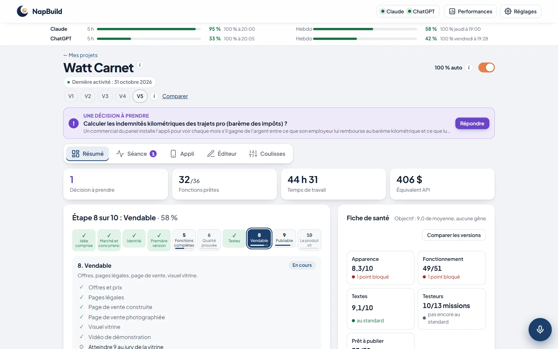 NapBuild sur ordinateur : la page de Watt Carnet, une décision à prendre, ses dix étapes et sa fiche de santé.