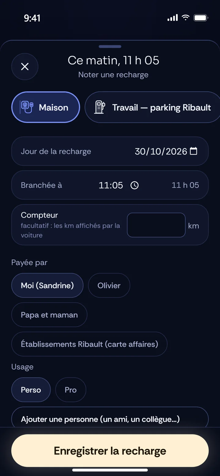 Watt Carnet : noter une recharge, lieu, heure et compteur.
